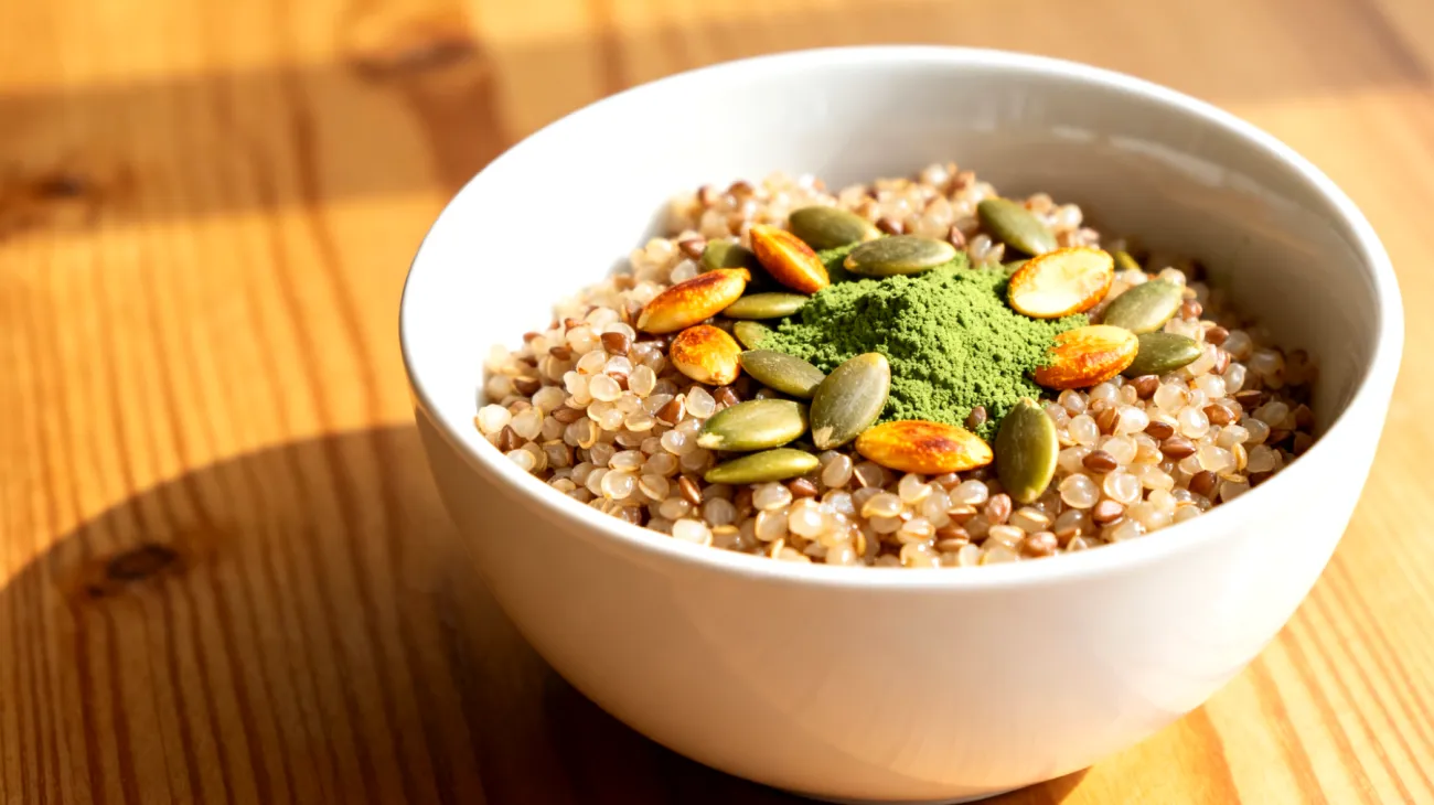 Quinoa-Buchweizen-Bowl mit Kürbiskernen und Spirulina"