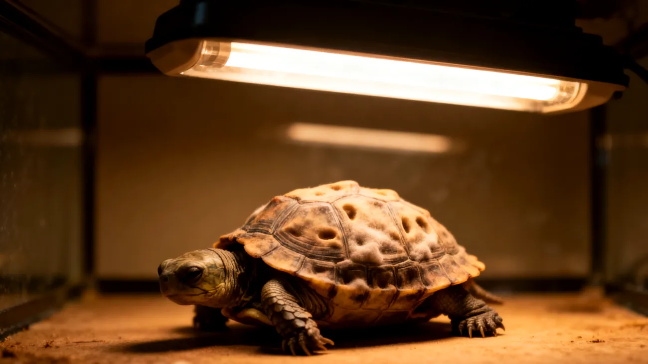 Schildkröten in Wohnungshaltung leiden häufig unter Vitamin-D-Mangel und Kalziummangel aufgrund fehlender UV-Strahlung, was zu Panzerdeformationen und Knochenerkrankungen führen kann"